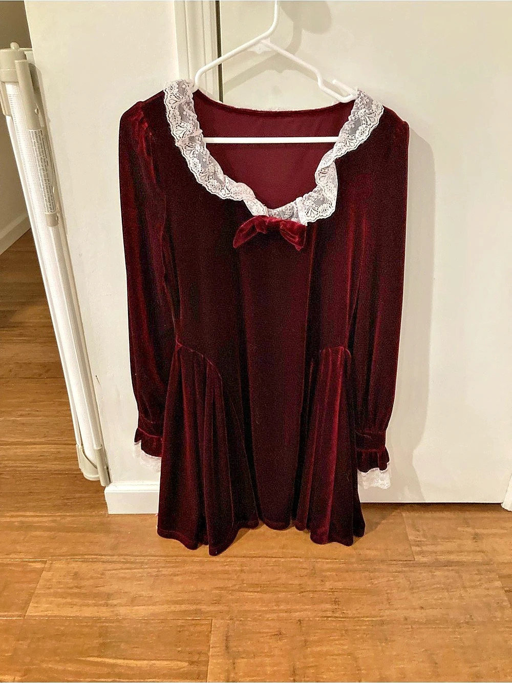 Burgundy Velvet-Look Lace Trim Mini Dress